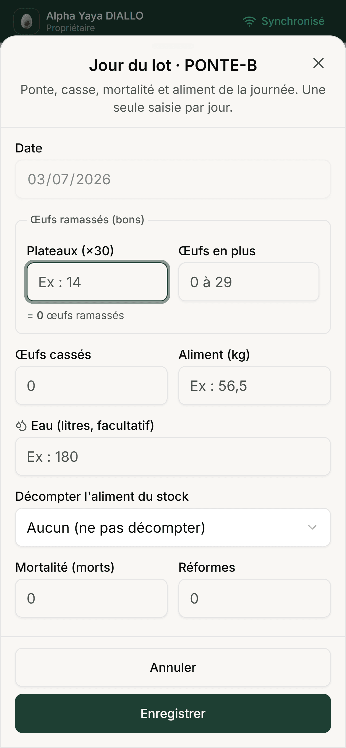 Formulaire « Jour du lot » : plateaux, œufs cassés, aliment, mortalité