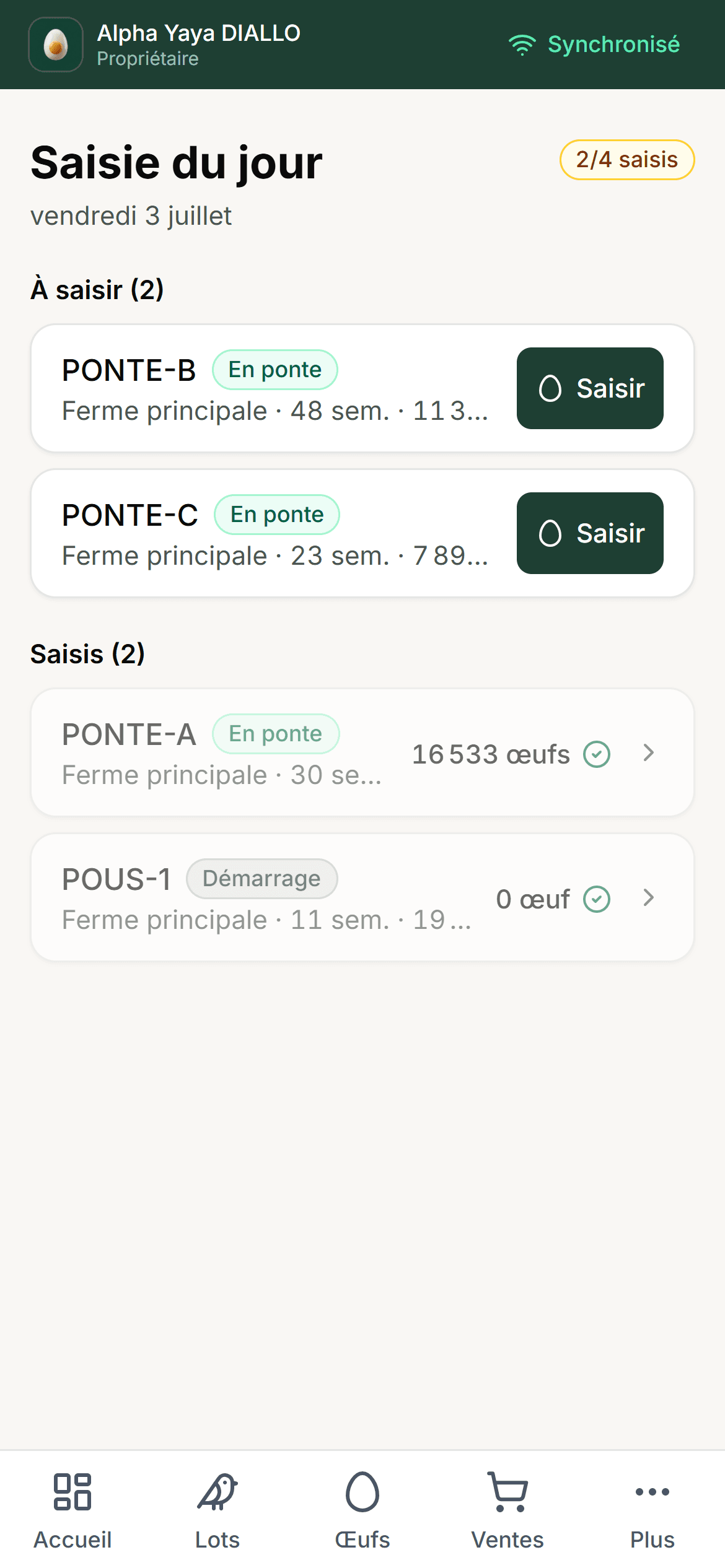 Écran mobile « Saisie du jour » : lots à saisir et lots déjà saisis